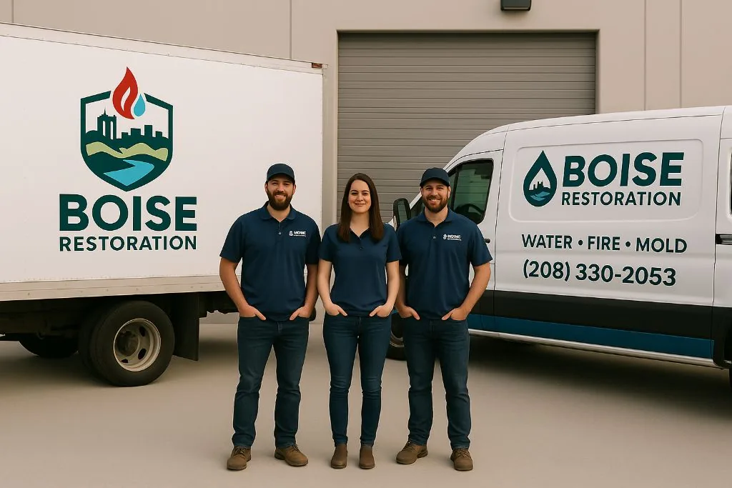 Boise Restoration team members standing in front of company trucks